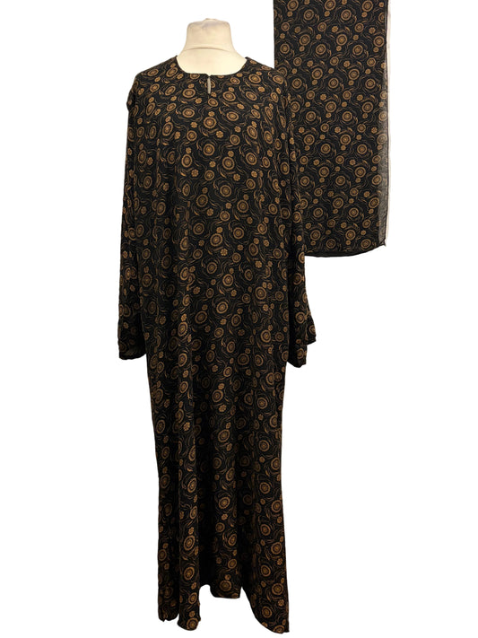 Black Floral Print One-Piece Abaya with Matching Scarf