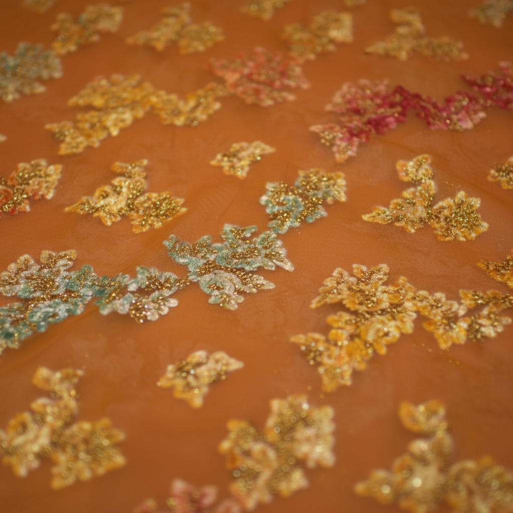 Orange Teal Brocade Close-Up