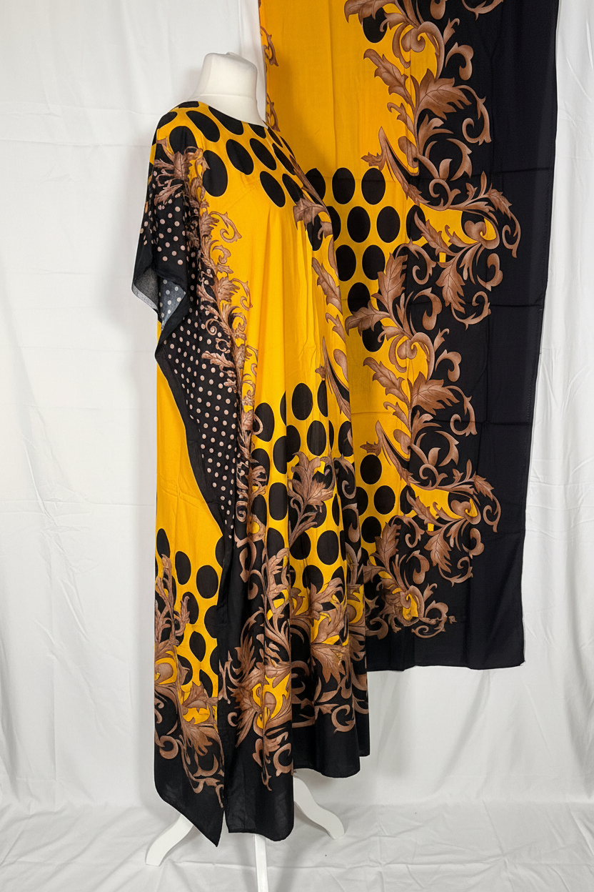 Side view of yellow polka dot baroque Baati and scarf on mannequin