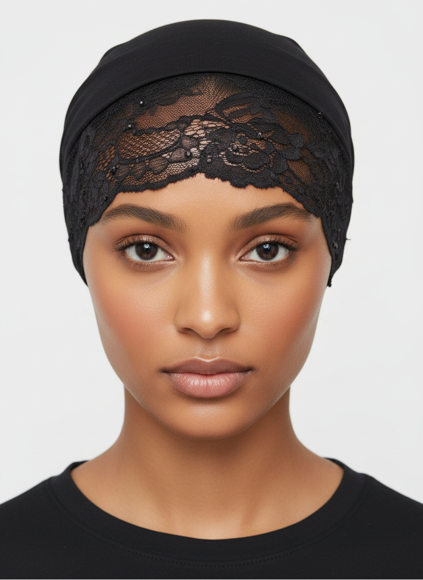 A close-up of a model wearing a black lace head covering or cap against a light gray background.