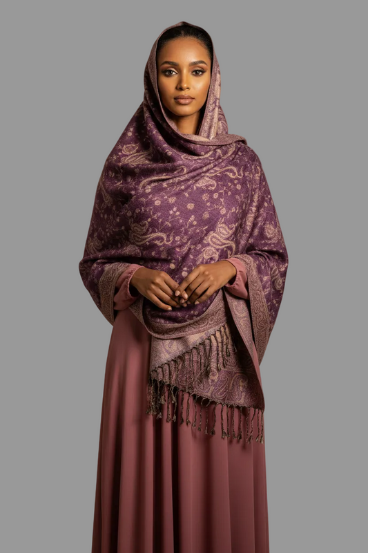 Somali model - Purple & Champagne Paisley Shawl exact match