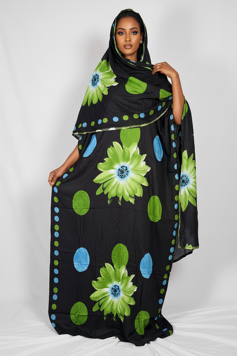 Somali model wearing black daisy floral polka dot Baati and Garbasaar
