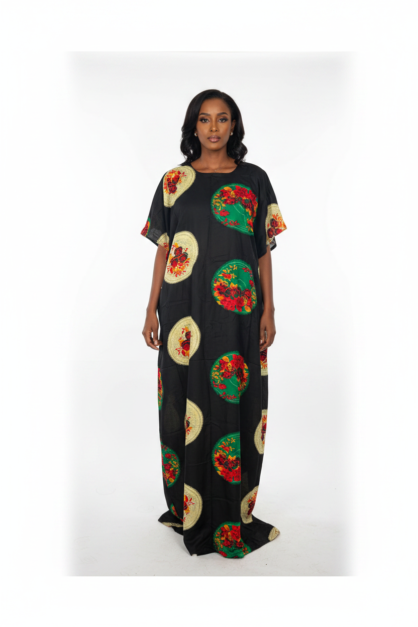 Somali model wearing black floral medallion Baati