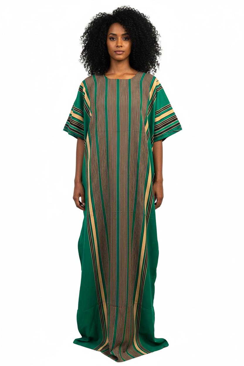 Somali model wearing green striped baati
