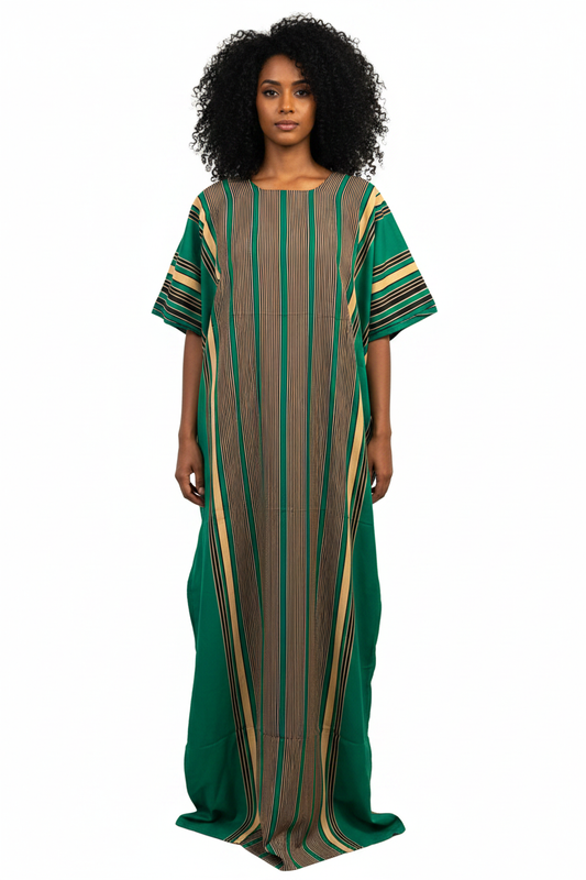 Somali model wearing green striped baati