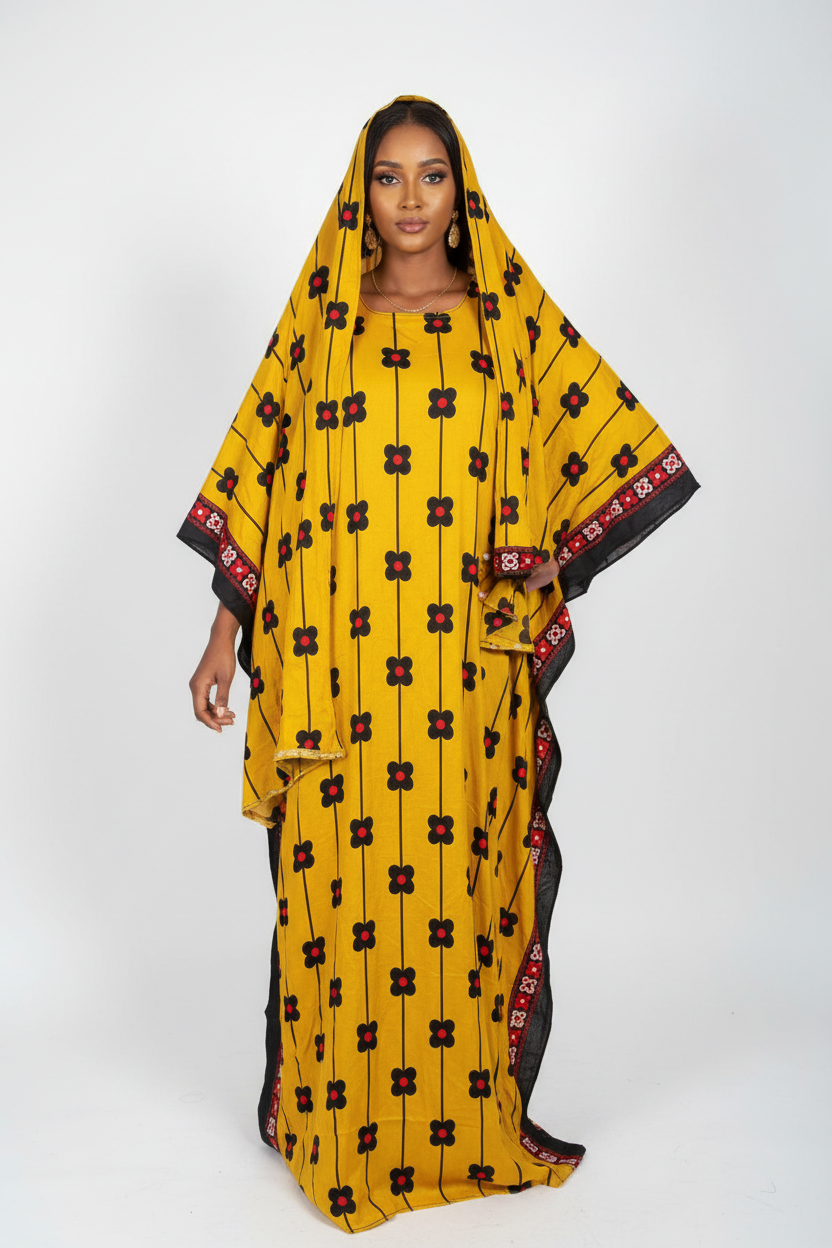 Somali model wearing mustard floral stem Baati and Garbasaar