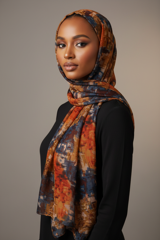 Somali model wearing navy rust amber abstract hijab