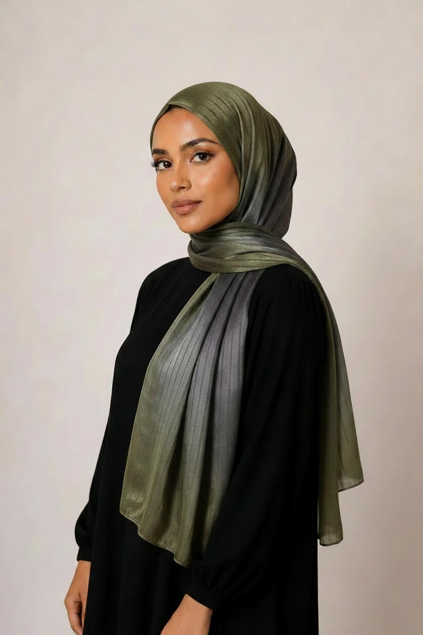 Somali model wearing olive green grey ombre hijab