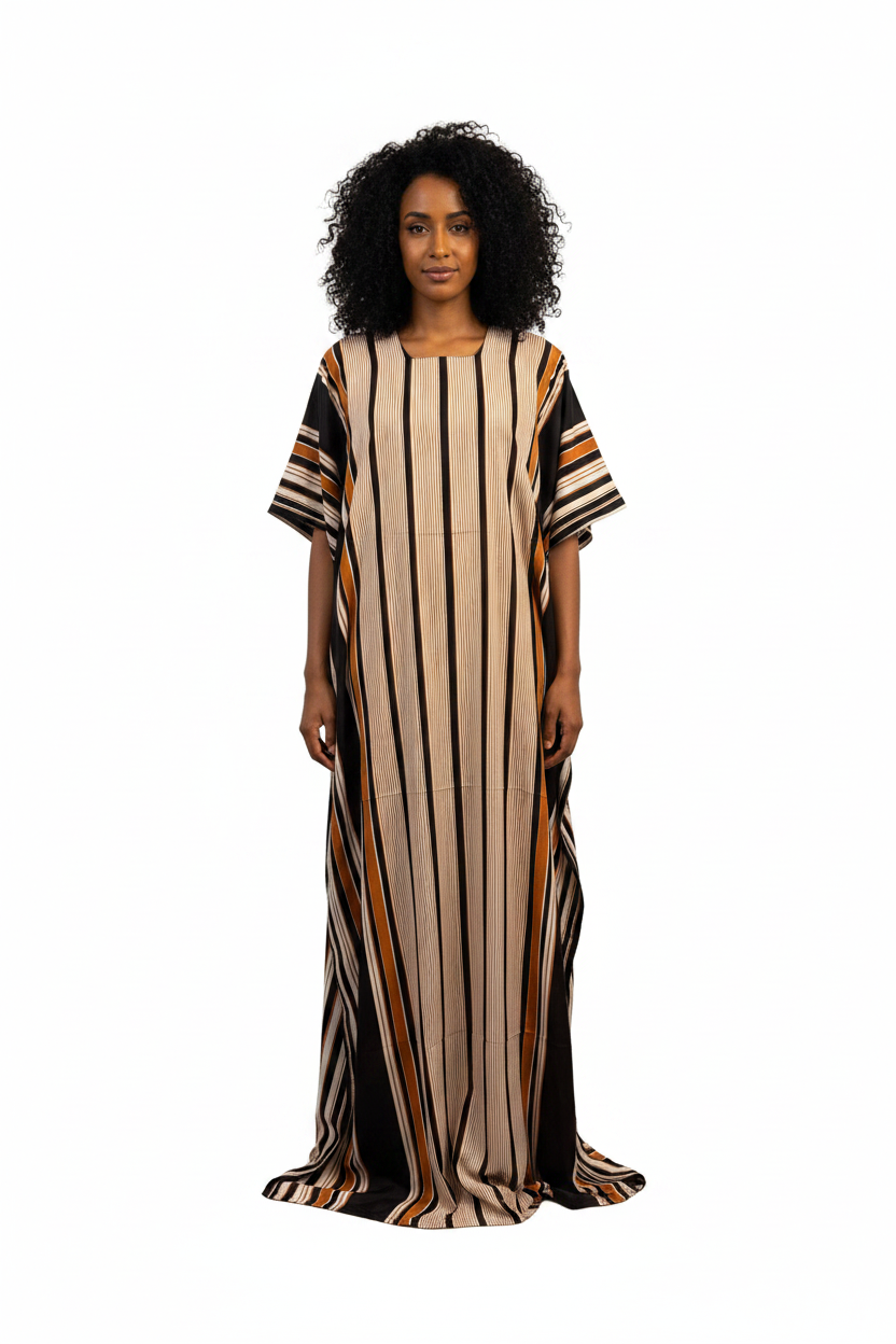 Somali model wearing orange and black striped baati