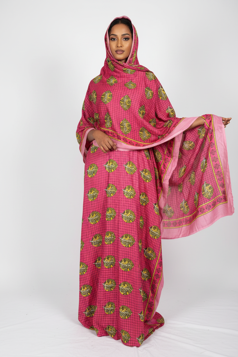Somali model wearing pink leaf print Baati and Garbasaar