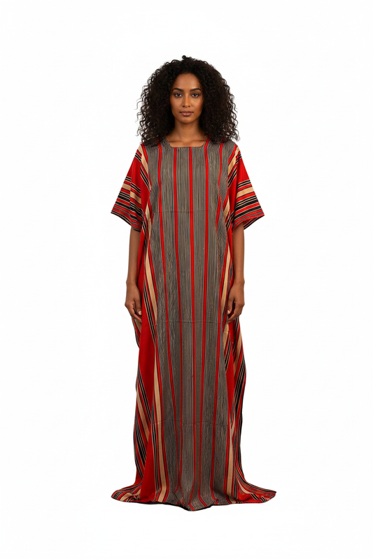 Somali model wearing red striped baati