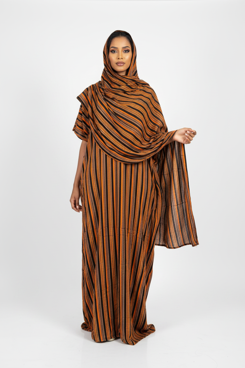 Somali model wearing striped Baati and Garbasaar