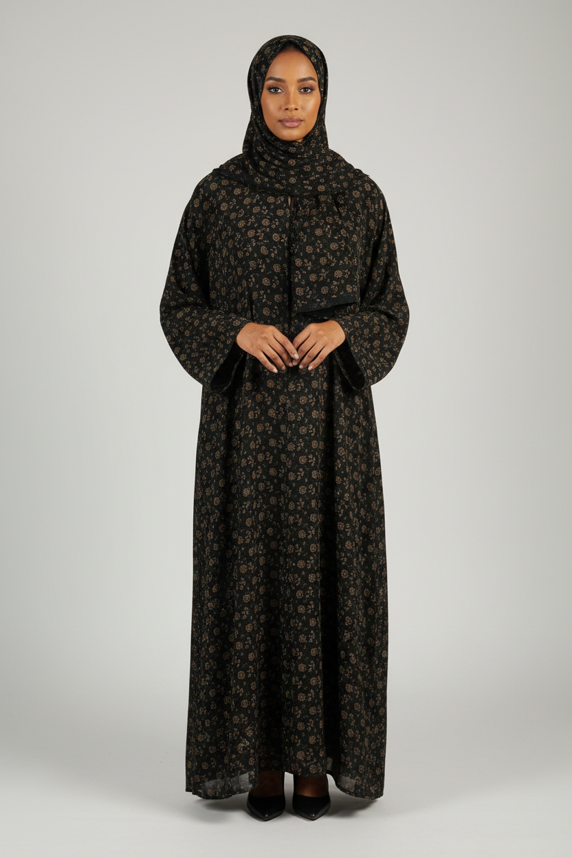 Somali model wearing the exact floral one-piece abaya with matching scarf
