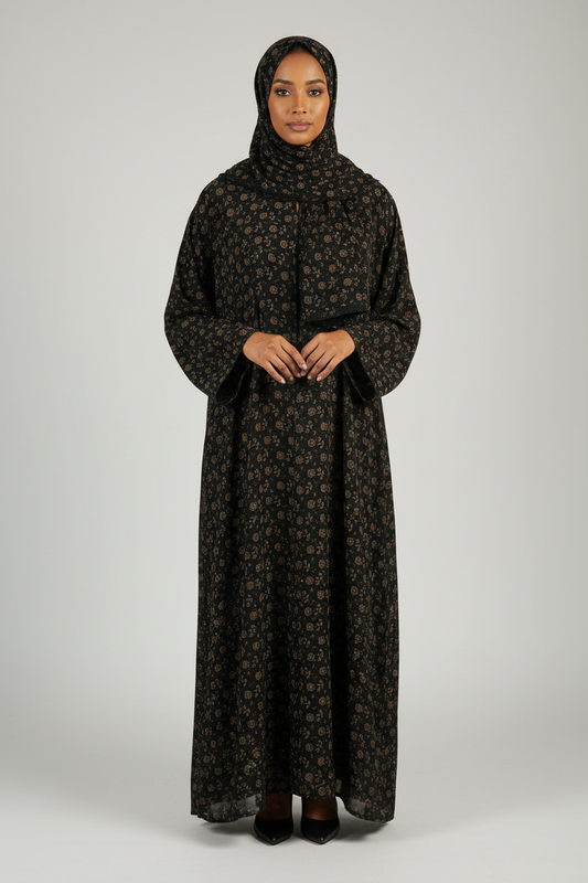 Somali model wearing the exact floral one-piece abaya with matching scarf