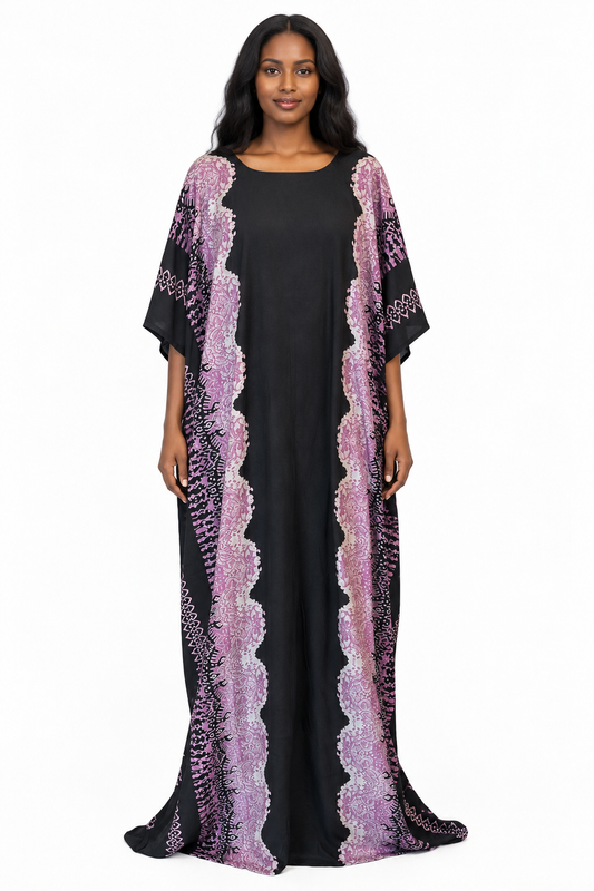 Somali model wearing the Purple border-print baati