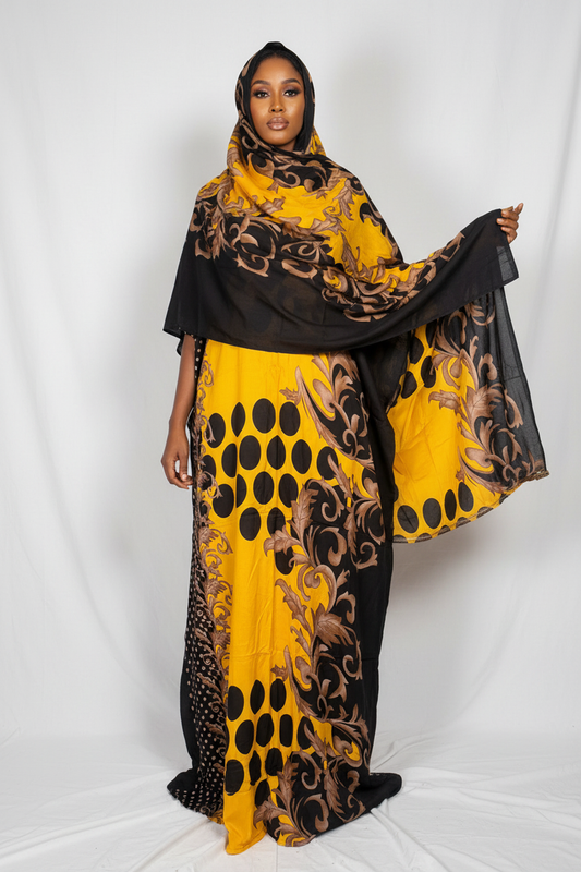 Somali model wearing yellow polka dot baroque Baati and Garbasaar