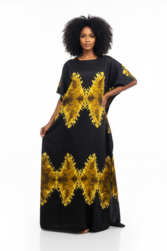 Somali model with natural curls in black and gold shibori baati