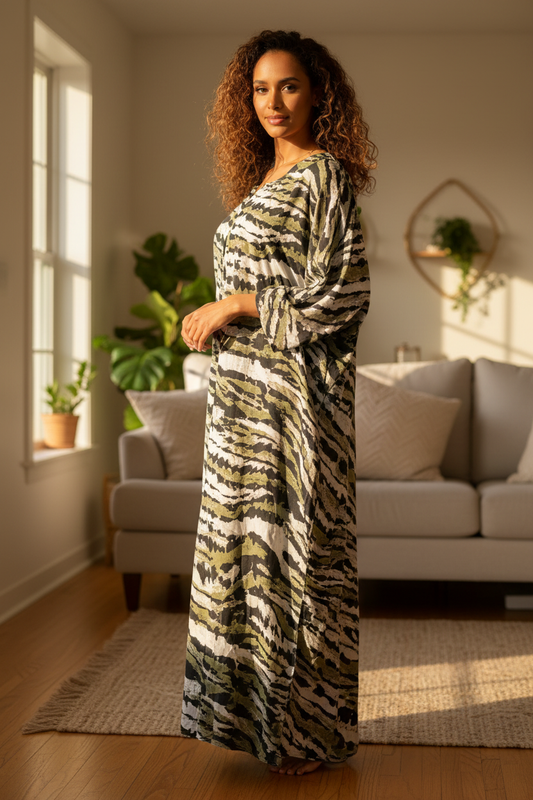 Three-quarter angle shot - Somali model in zebra print dress