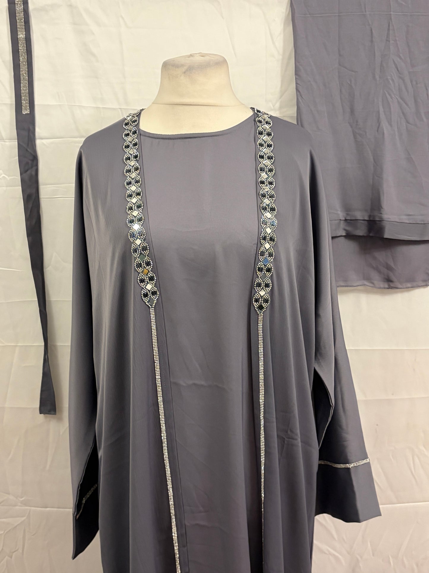 Grey Two-Piece Embellished Abaya Set