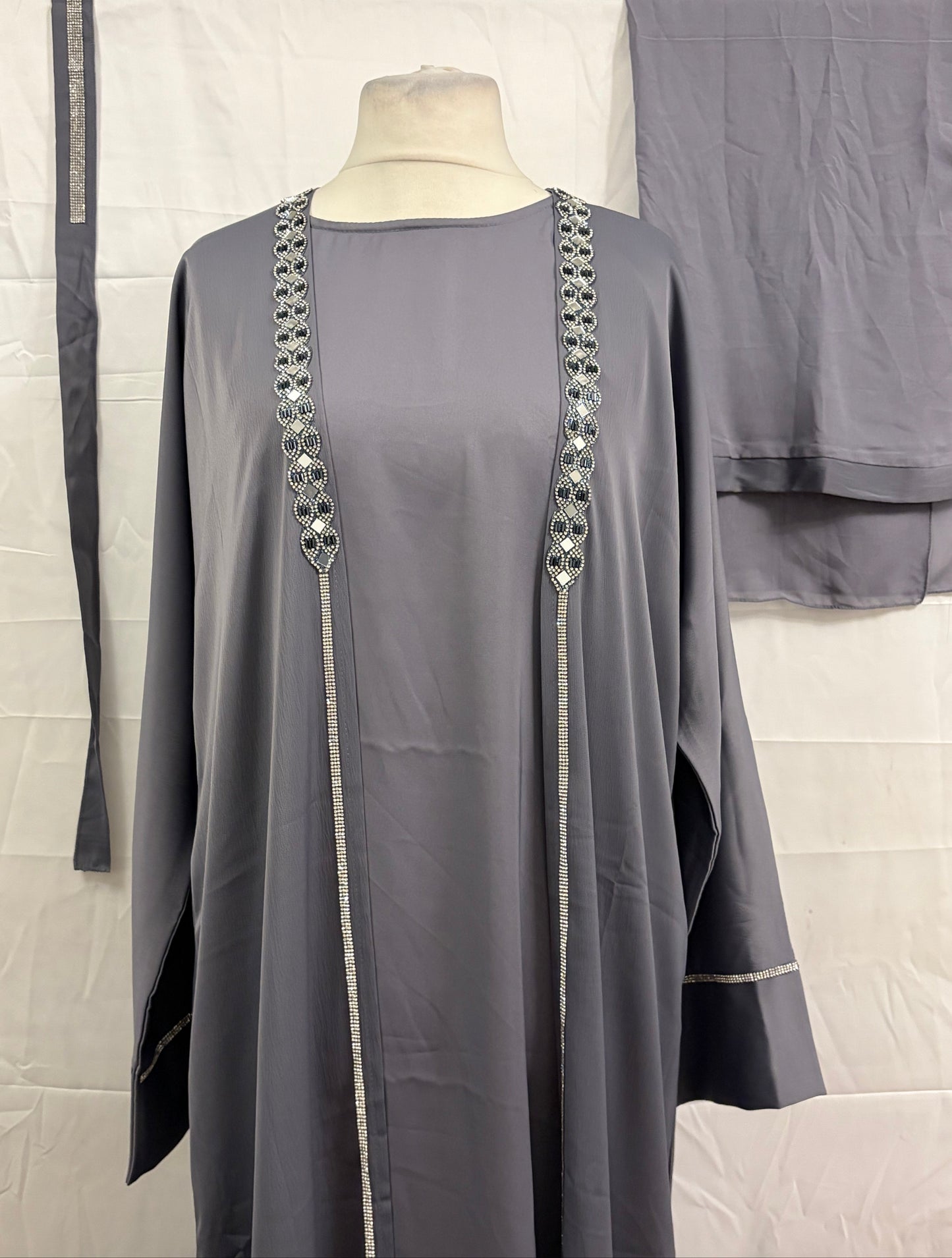 Grey Two-Piece Embellished Abaya Set